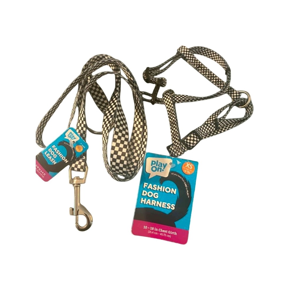 Play On Dog Harness Leash Set‎ XS Black White Checkered NWT Racing Puppy Pet